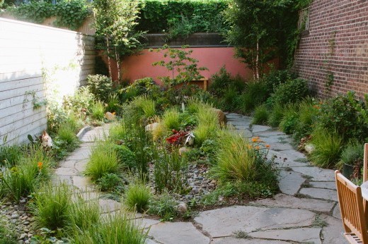 A lush backyard garden.